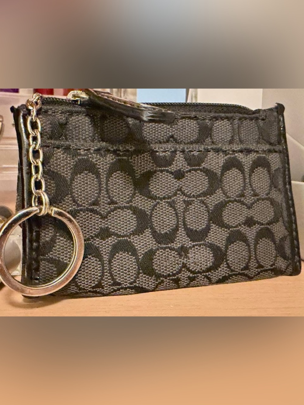Coach Black Signature C Canvas Coin Pouch - Authentic w/ Leather Trim